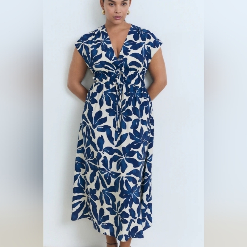 MNG  Long Printed Dress A-line Design Print V-Neck Short Sleeve Ruched Waist